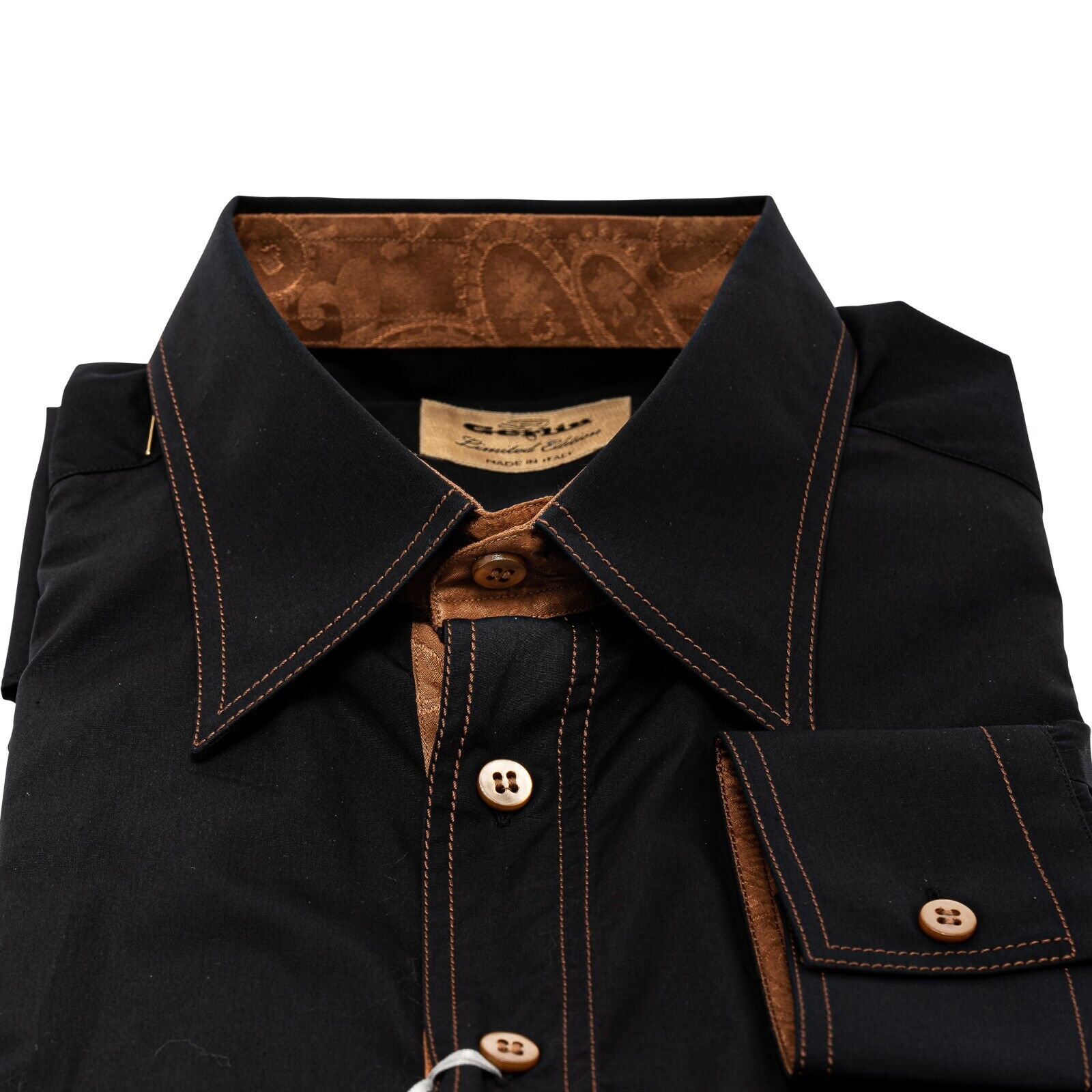 1200$ LUXURY GERLIN Shirt Black Cotton  / Silk / Leather  16- 41  BIJAN