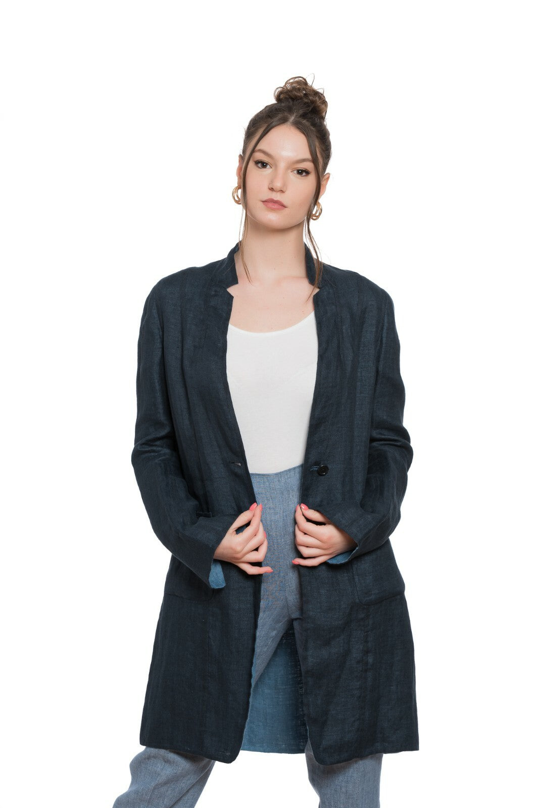 2290$ BELVEST Reversible Blue Woman Coat Pure Linen 42 IT / 6 US / 38 FR