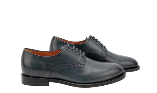 1360$ SANTONI Derby Shoes Blue Antiqued Leather Handmade in Italy