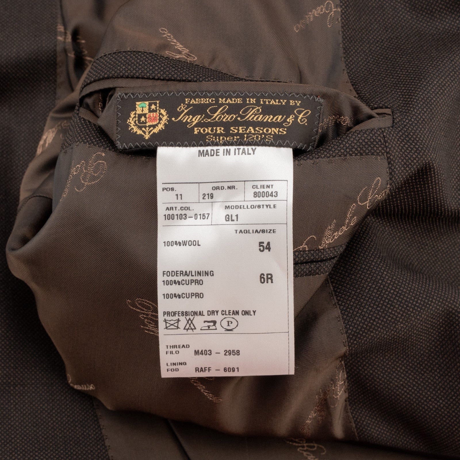 $2400 RAFFAELE CARUSO Brown Suit LORO PIANA 4 Season Wool 120's 44 US 54 EU
