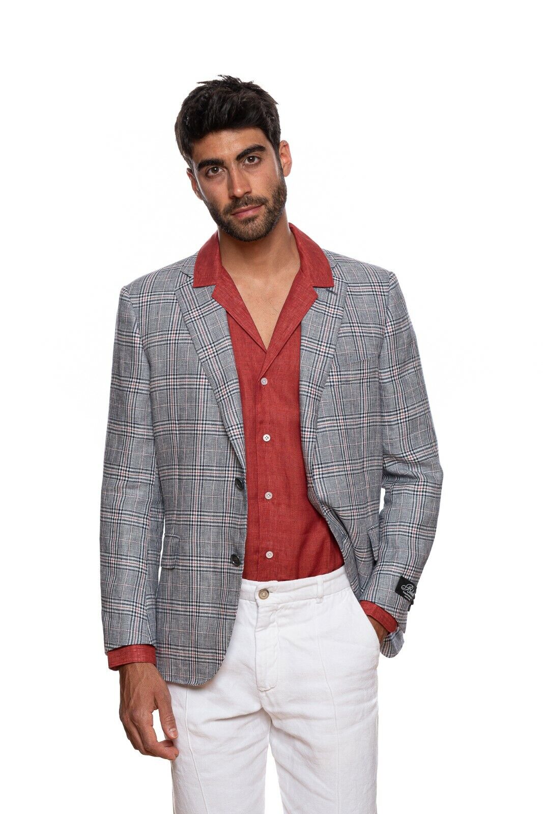 1950$ BELVEST Blue Gray Glen Plaid Pure Linen Jacket Blazer 44 US / 54 EU 4C