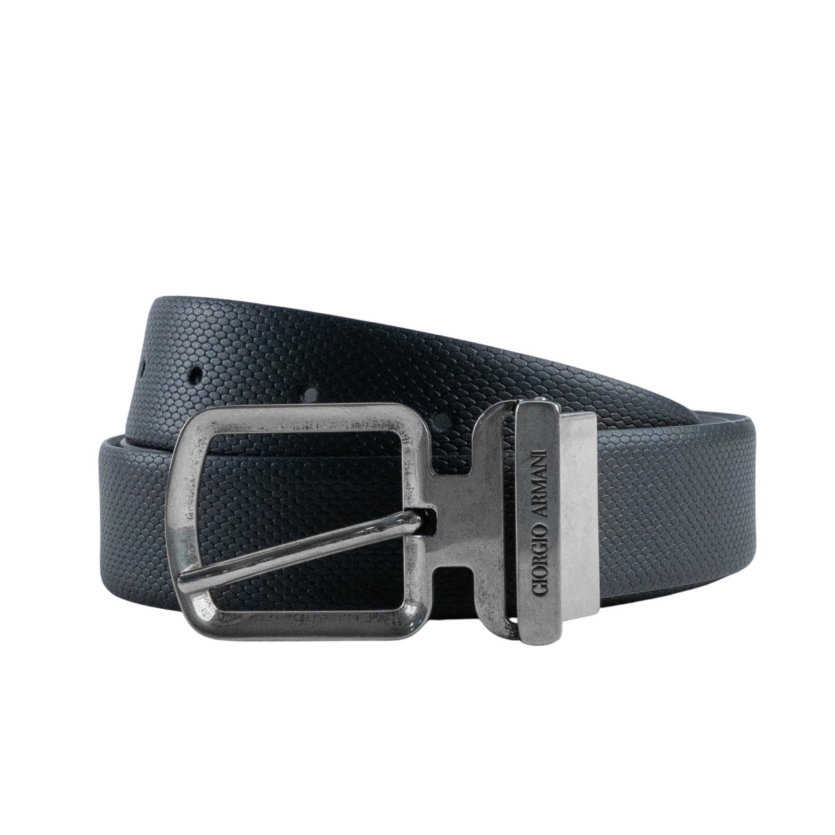 405$ GIORGIO ARMANI Belt Blue Textured Leather Engraved Silver Buckle Size 110
