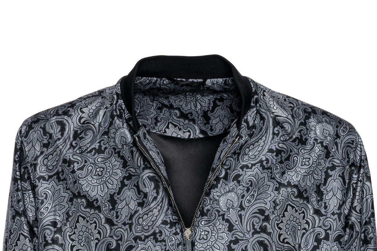 2000$ ITALO FERRETTI Bomber Jacket Gray "DAMASK" 100% Silk  42 US / 52 EU BIJAN