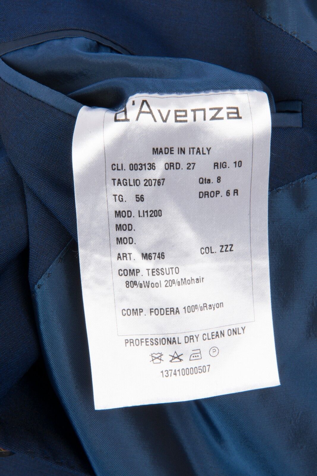 $2560 D'AVENZA Blue Wool Mohair Jacket Blazer Hand-Sewn in Italy 46 US / 56 EU
