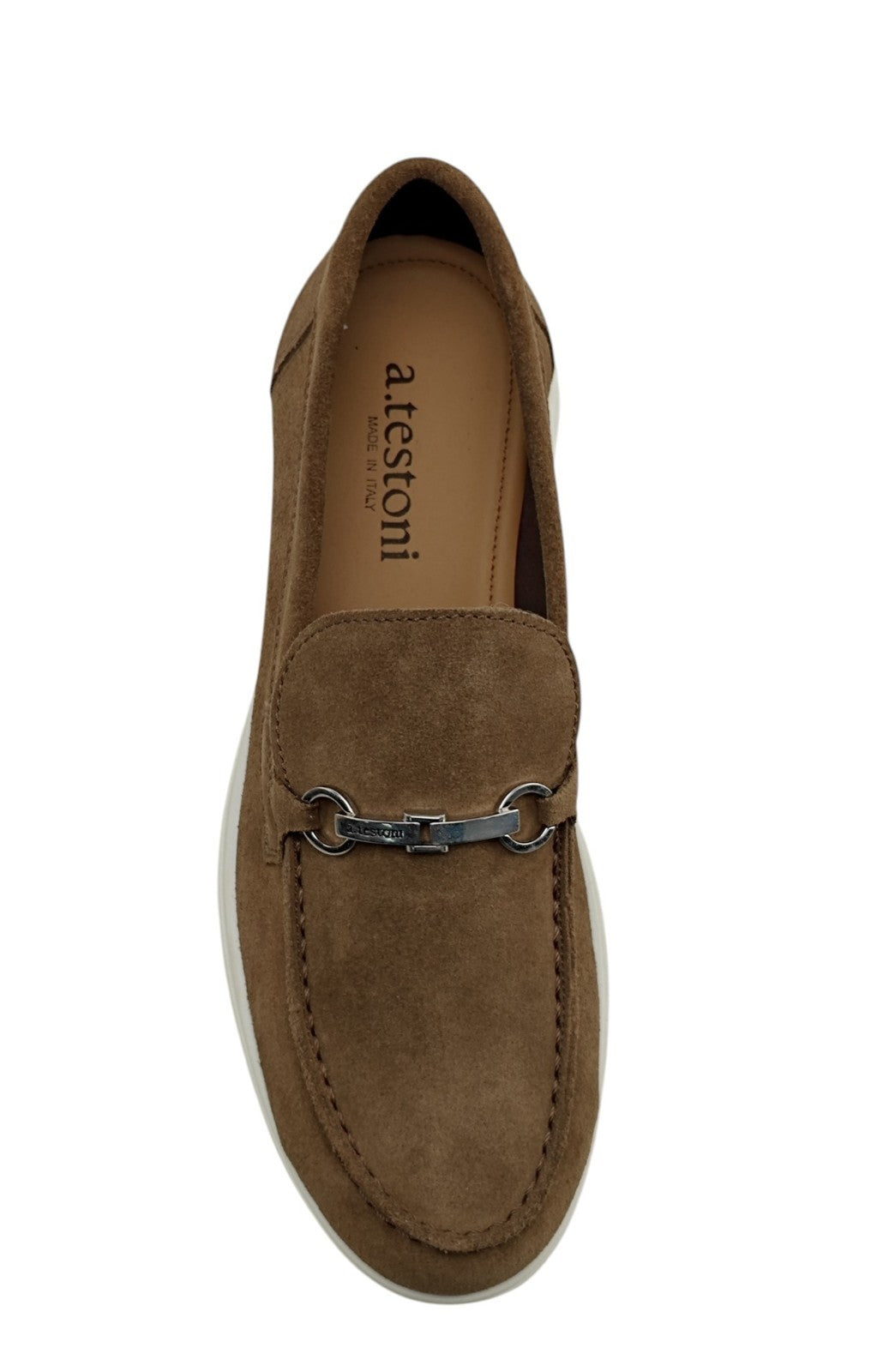 1100$ TESTONI Unlined Boat Loafer Suede + Metal Calf Brown  8 UK / 9 US / 42 IT
