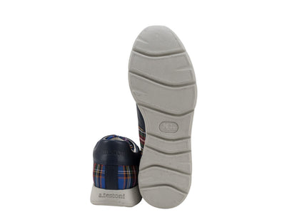 850$ TESTONI Sneaker Eco Tartan + Washed Lamb Bluette Navy 8 UK  / 9 US / 42 IT