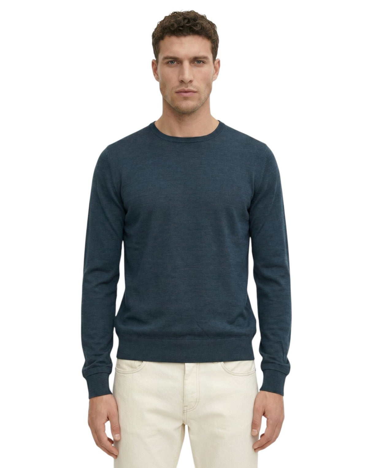 1100$ ISAIA NAPOLI Blue Petroleum Crewneck Sweater Fine Wool Tailored Fit