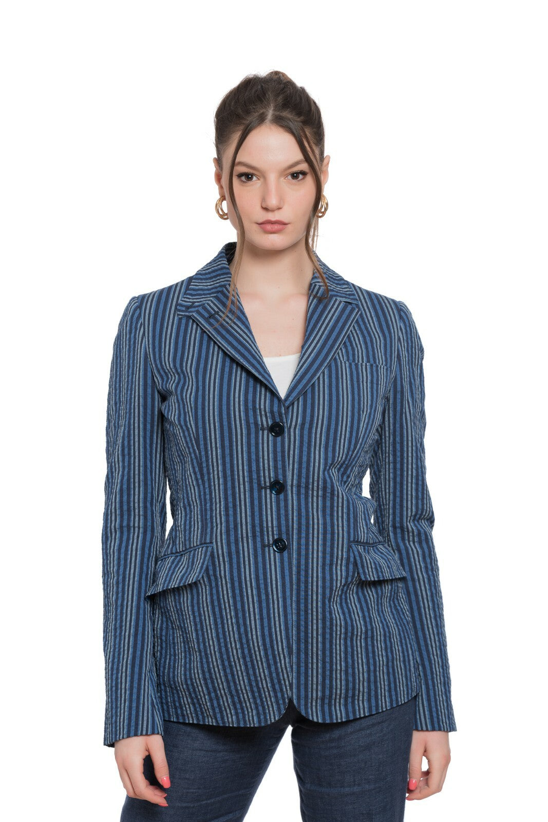 1840$ BELVEST Cotton Blue Seersuker Woman Blazer Jacket 42 IT / 6 US / 38 FR