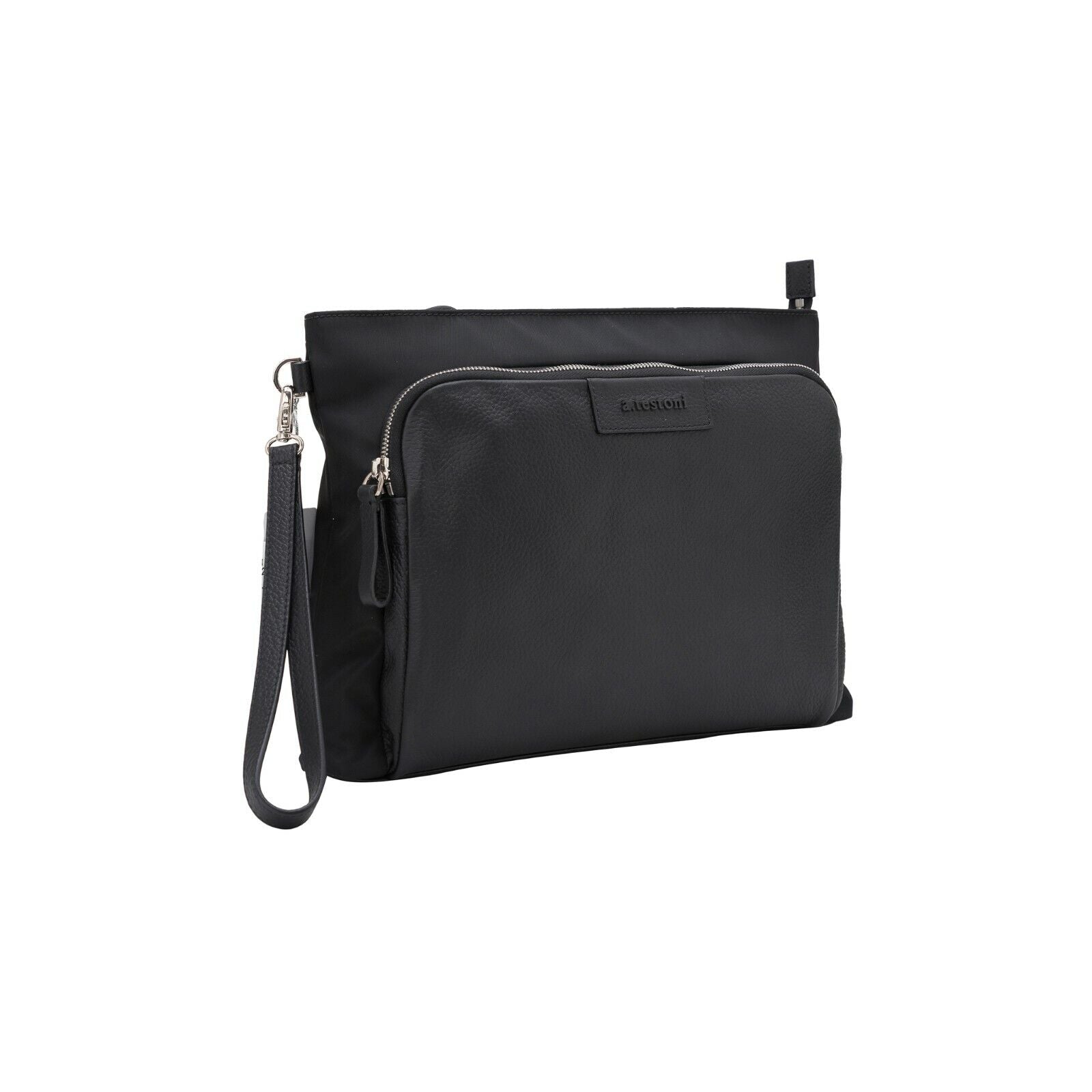 $480 Testoni Bologna Black Karibu Calf + Fabric Hand Clutch Bag + Handle