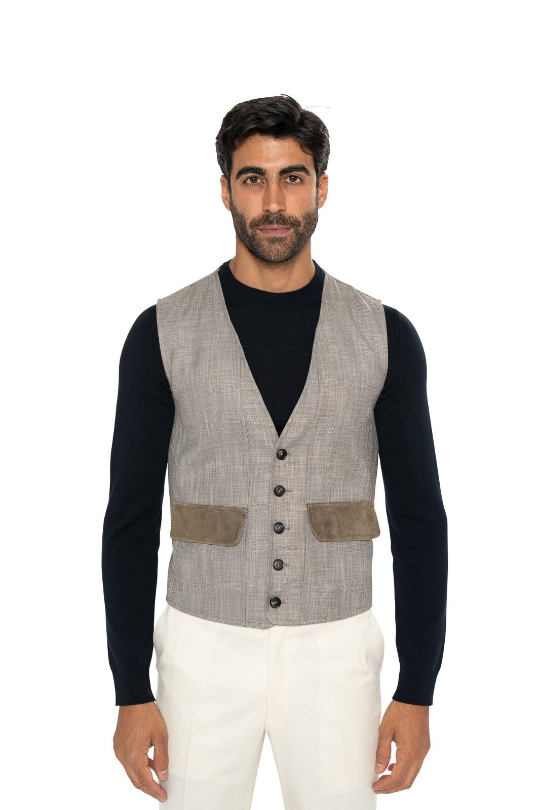 1600$ ISAIA NAPOLI Light Gray Vest Jacket Techno Wool & Suede 36 US / 46 EU