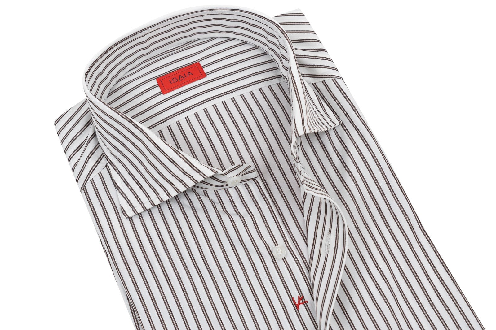 690$ ISAIA NAPOLI Striped White & Brown Hand-Sewn Dress Shirt Cotton