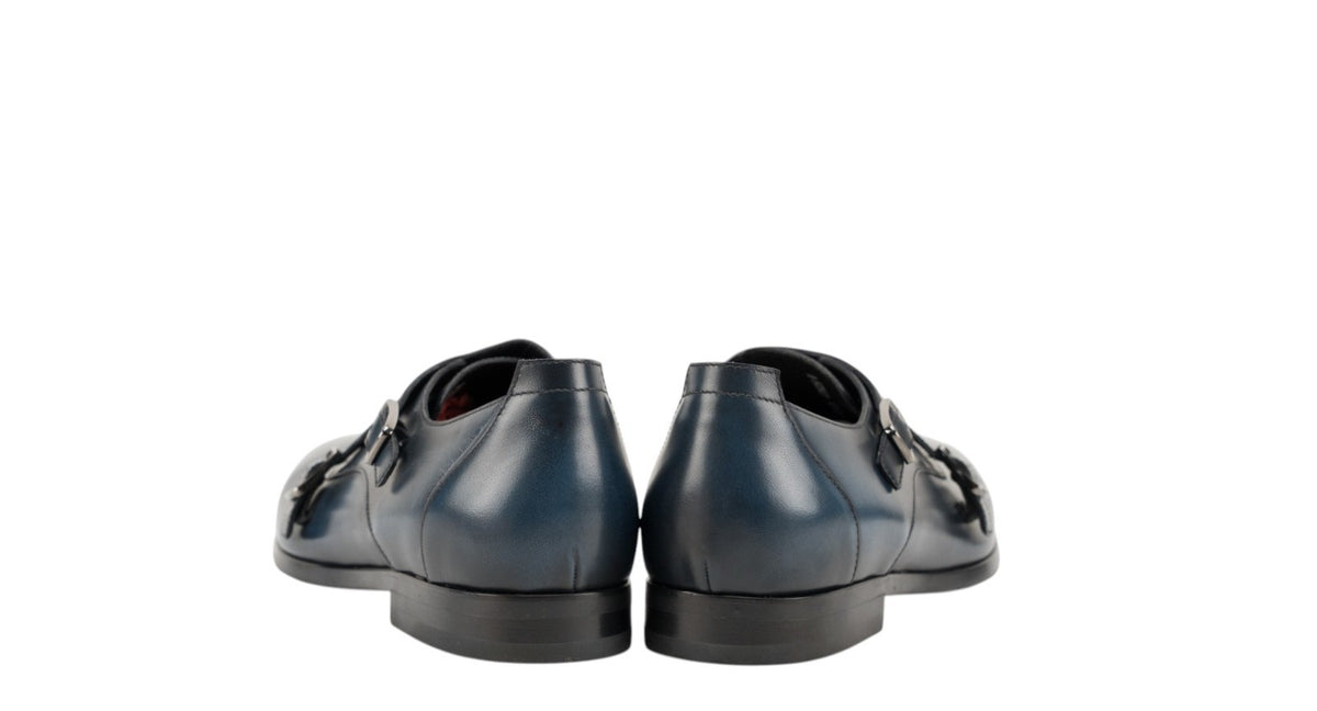 1250$ TESTONI Double Monk Shoes Grain Brushed Calf Blue Navy 8 UK / 9 US / 42 IT