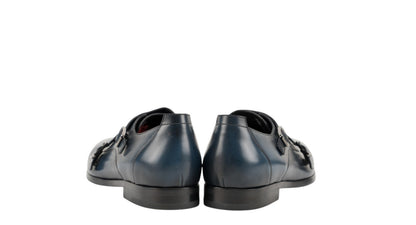 1250$ TESTONI Double Monk Shoes Grain Brushed Calf Blue Navy 8 UK / 9 US / 42 IT