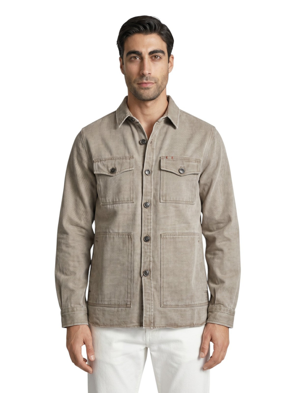 $1250 ISAIA NAPOLI Light Beige Hand-Sewn Overshirt Jacket Denim Cotton Size XXL