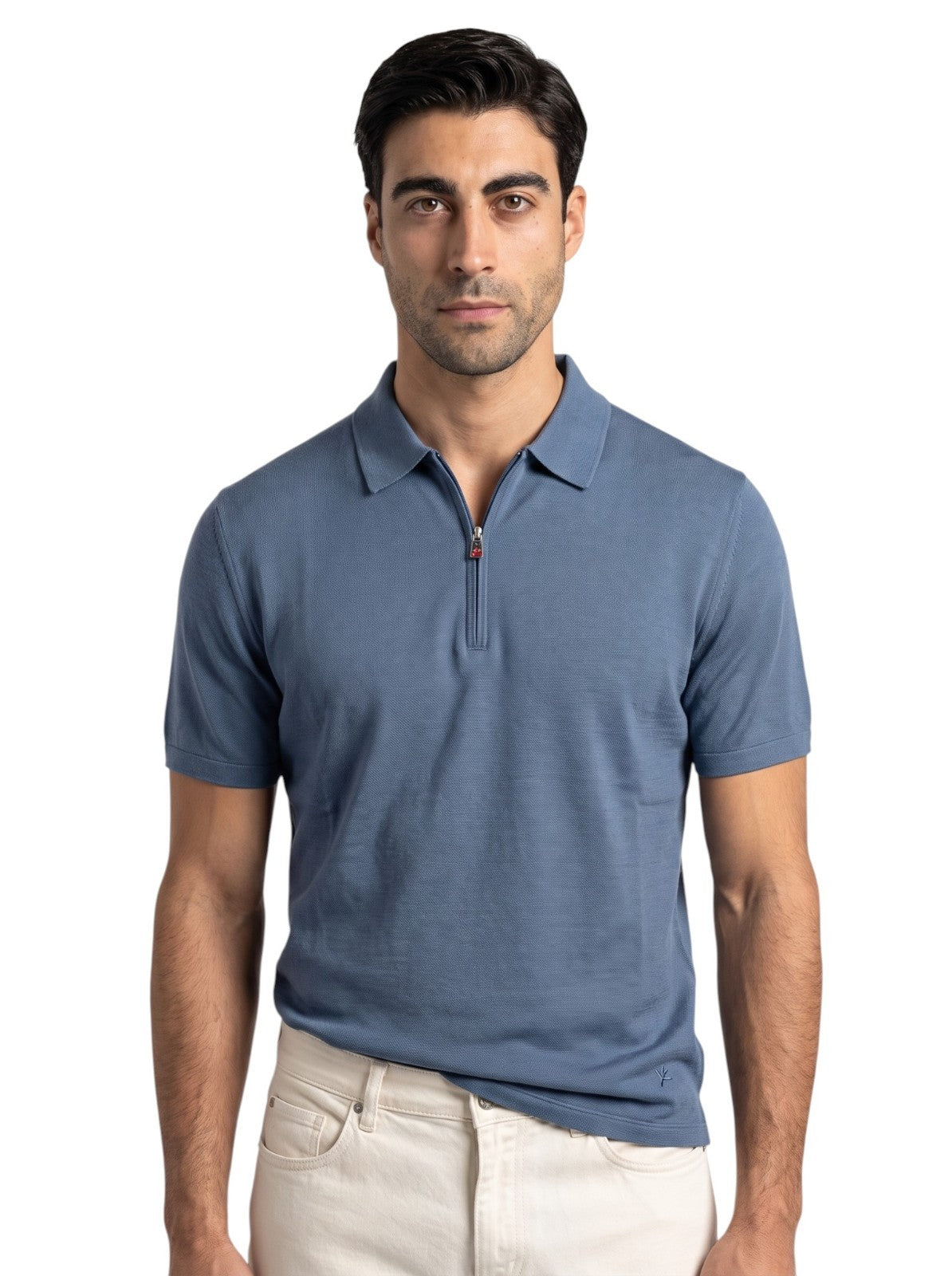 1100$ ISAIA NAPOLI Blue Handmade Polo Zip Short Sleeve Knit Wool