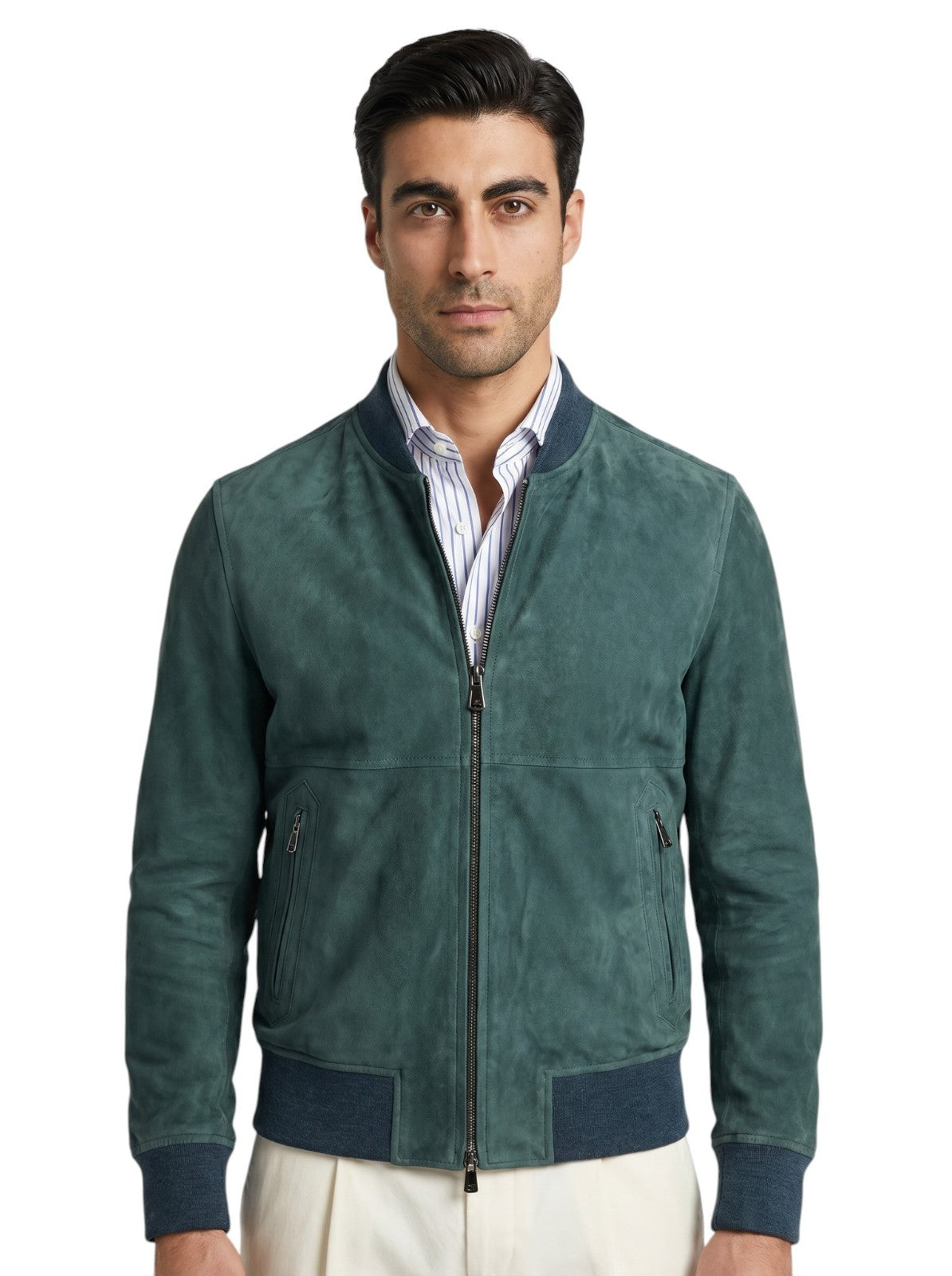 $5950 ISAIA Teal Green Varsity Jacket Suede Lambskin Leather 40 US / 50 EU