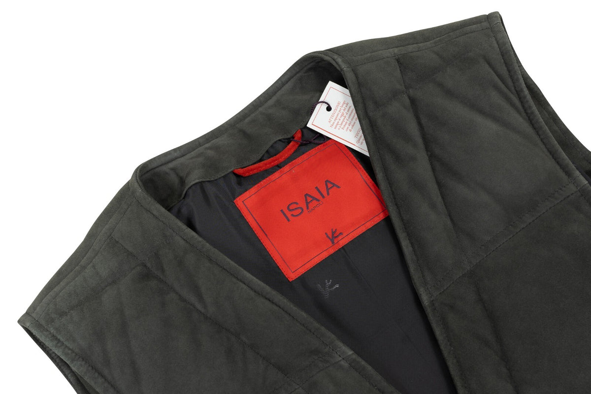 4200$ ISAIA NAPOLI Slate Green Padded Vest Jacket Lambskin Leather 38 US / 48 EU