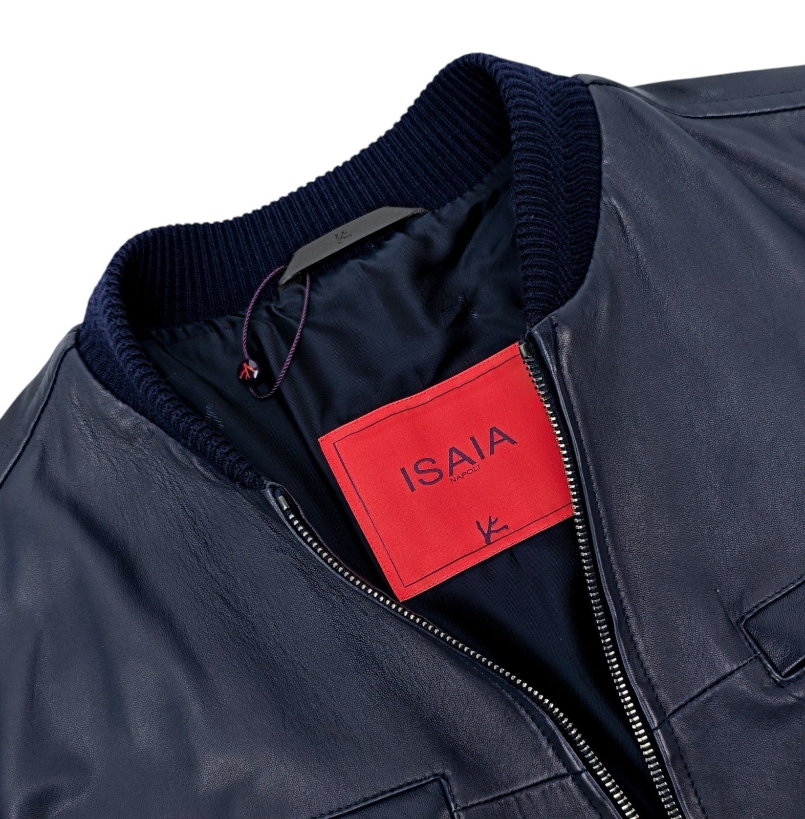 $6250 ISAIA NAPOLI Blue Zip Varsity Jacket Soft Lambskin Leather 38 US / 48 EU