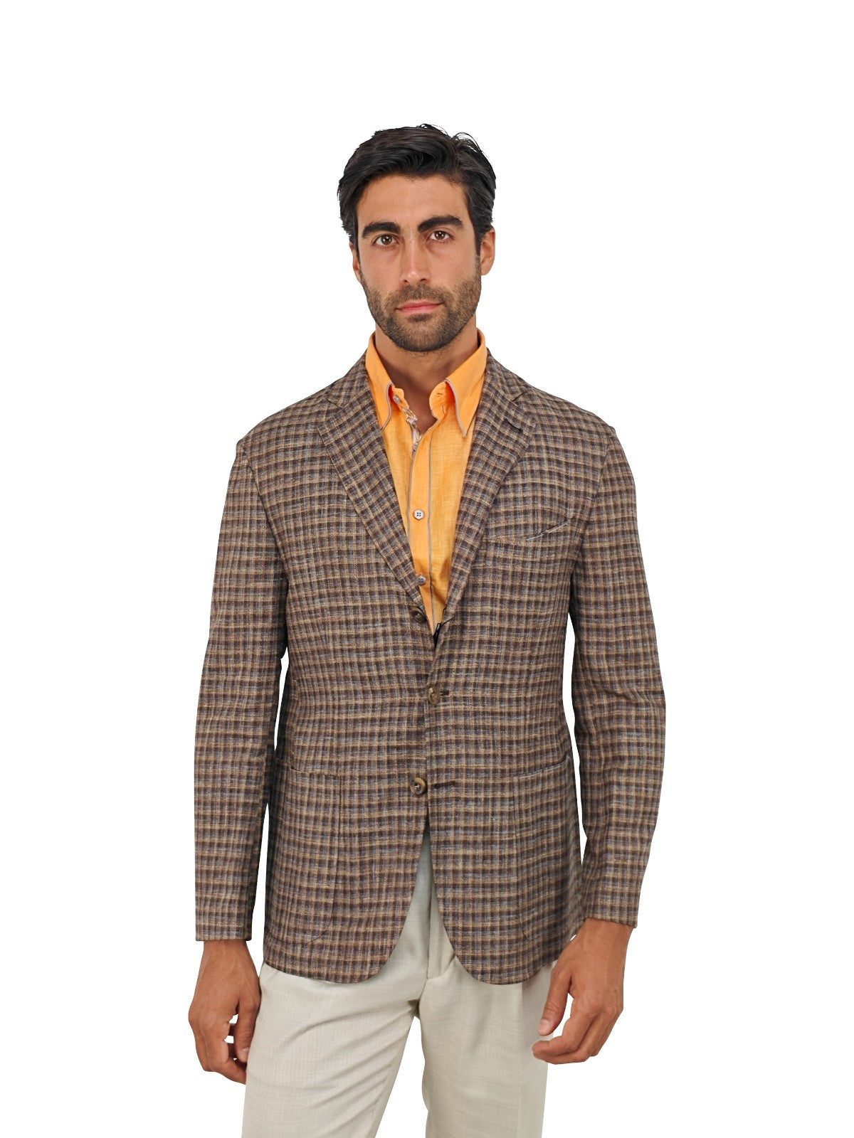 $1950 RUBINACCI NAPOLI Brown Checks Jacket Sport Coat Linen Cotton 40 US / 50 EU