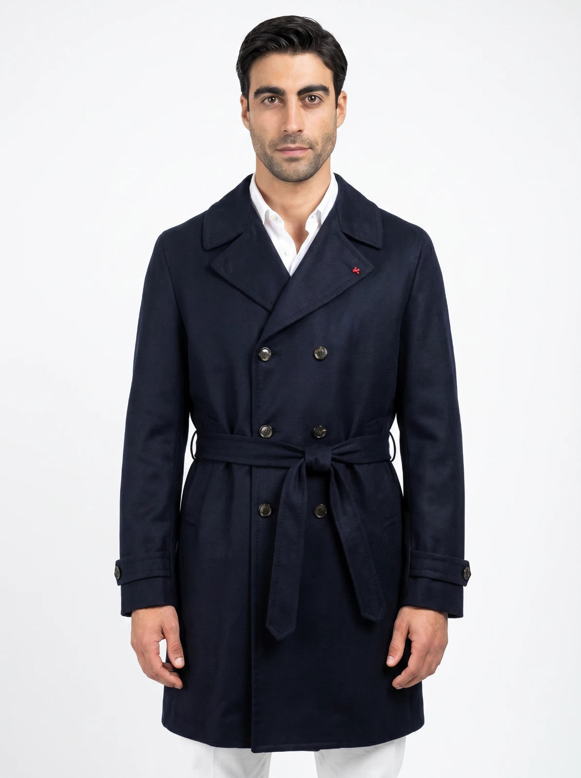 6590$ ISAIA APOLI Blue Midnight Belted Long Trench Coat Wool 38 US / 48 EU R