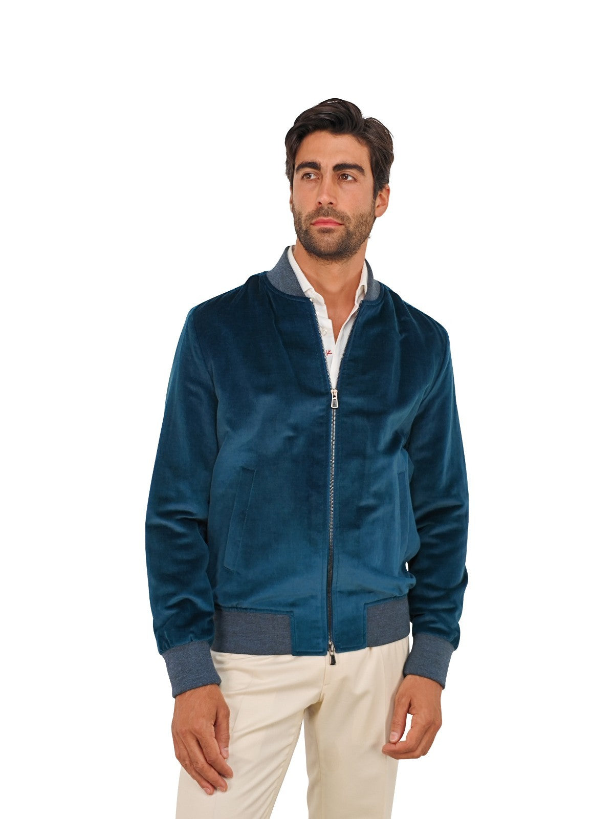 $3800 ISAIA NAPOLI Petrol Blue Bomber Jacket Velvet Cotton / Linen 38 US / 48 EU