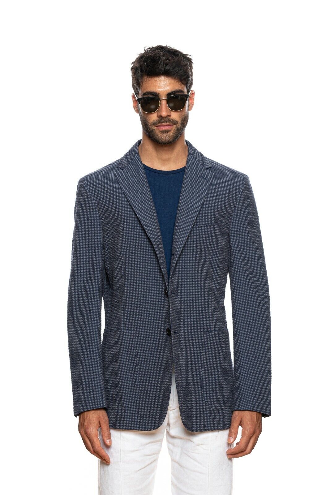BELVEST Blue Cotton Micro Checks Jacket Blazer 46 US / 56 EU 7R