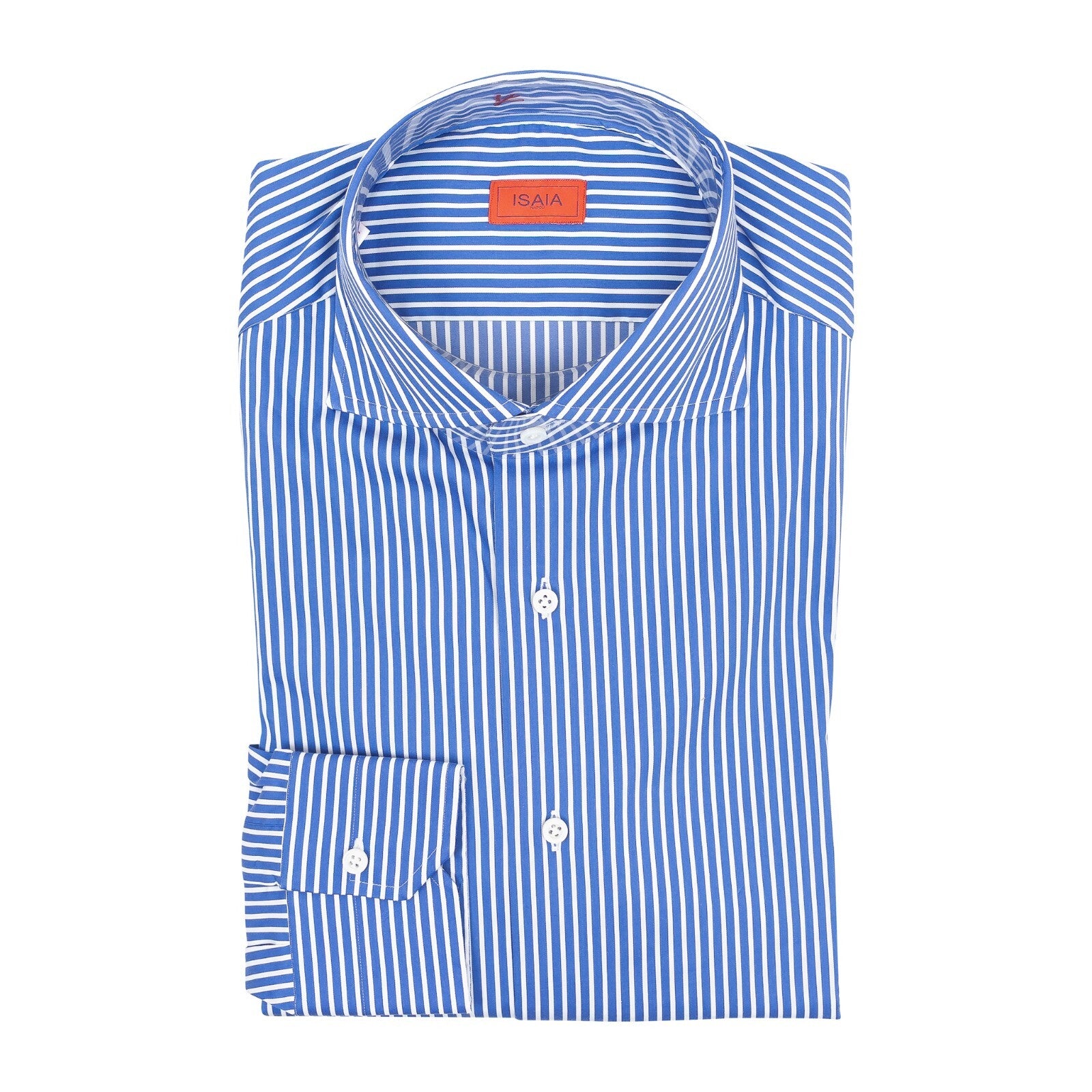 650$ ISAIA "Comfort Project" White & Blue Hand-Sewn Dress Shirt Stretch Cotton