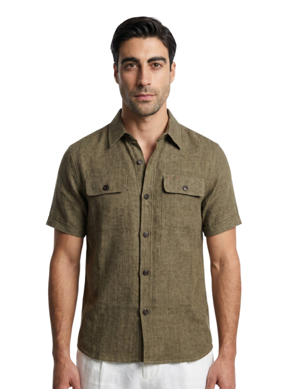 $1150 ISAIA Green Hand-Sewn Overshirt Jacket 100% Linen Herringbone Size M