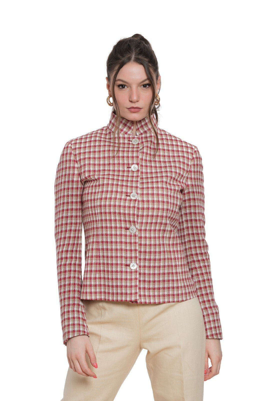 $1980 BELVEST Linen Cotton Check Woman Korean Jacket Blazer 42 IT / 6 US / 38 FR