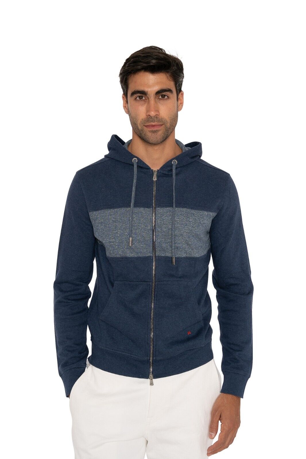 1600$ ISAIA NAPOLI Blue Solid Casual Zip-Up Hoodie Sweater Cotton / Linen Size M