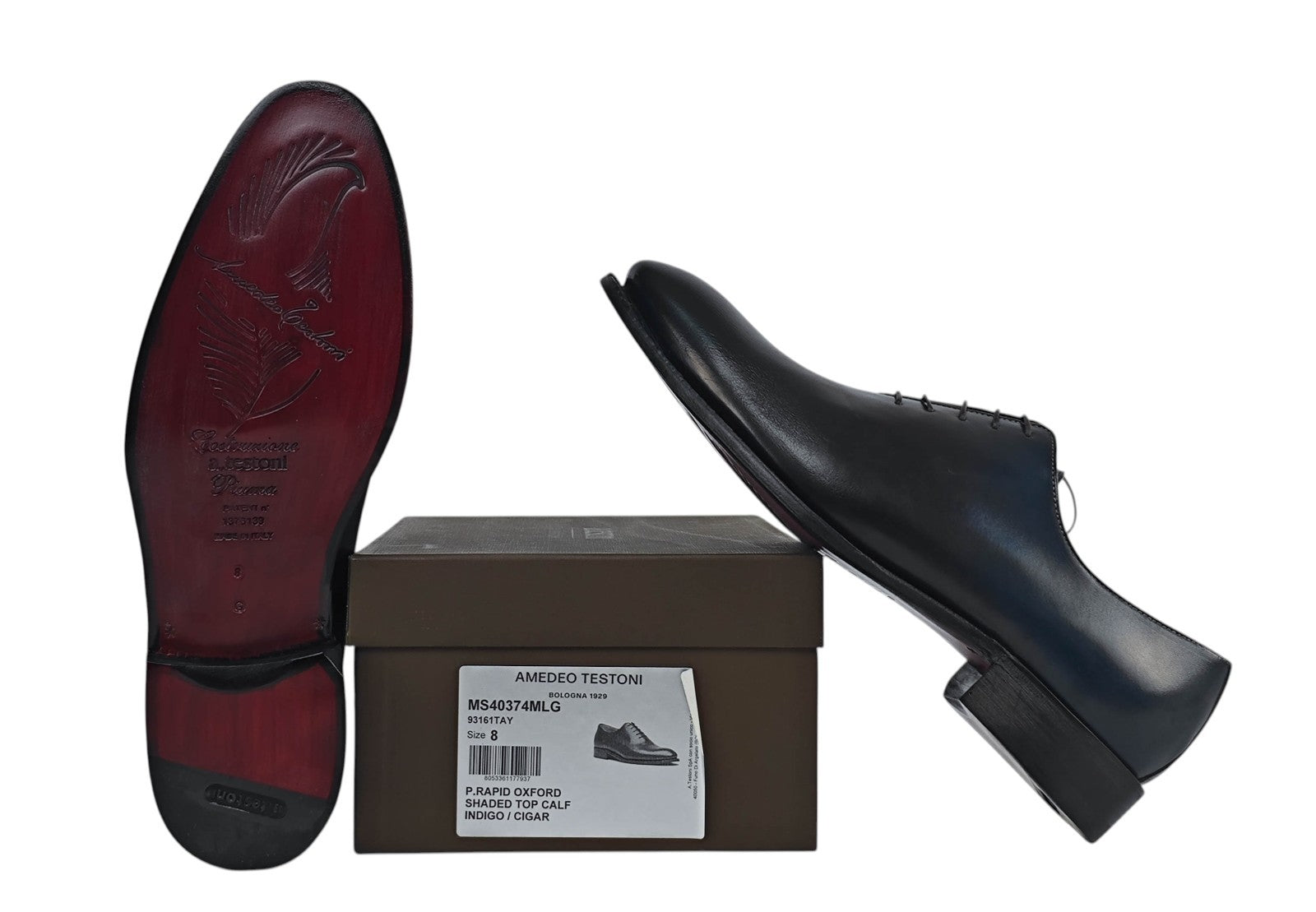 1300$ TESTONI "Piuma" Oxford Shoes Top Calf Shaded Indigo/Cigar  8 UK 9 US 42 IT