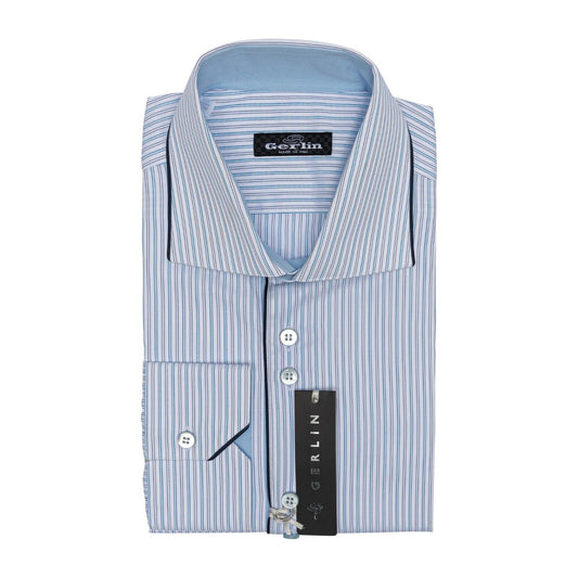 690$ LUXURY GERLIN Shirt Striped Blue Twill Cotton 16 - 41 2AB ZILLI