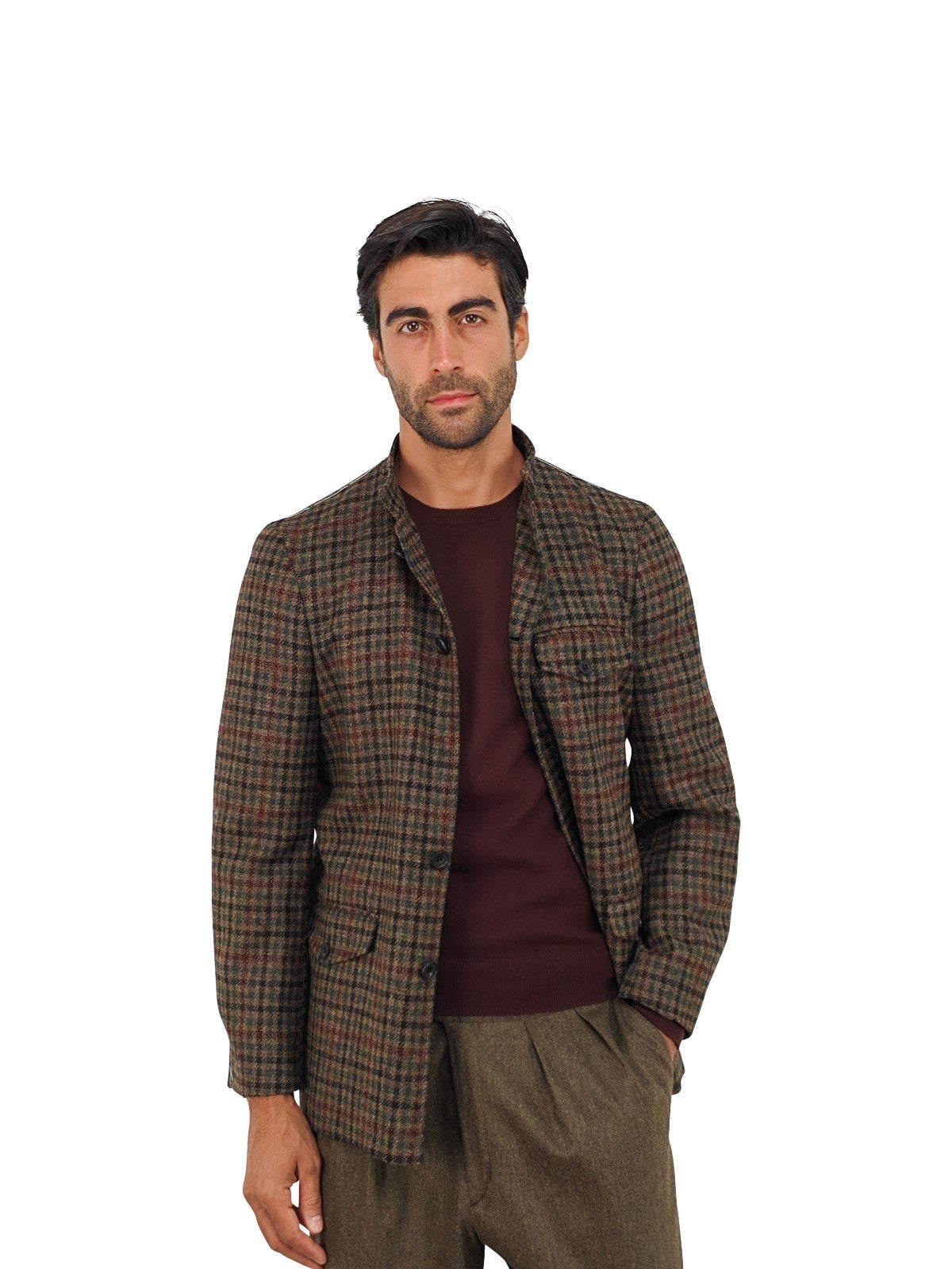 $1690 RUBINACCI NAPOLI "Stefano" Green Brown Checks Guru Sahariana Jacket Wool