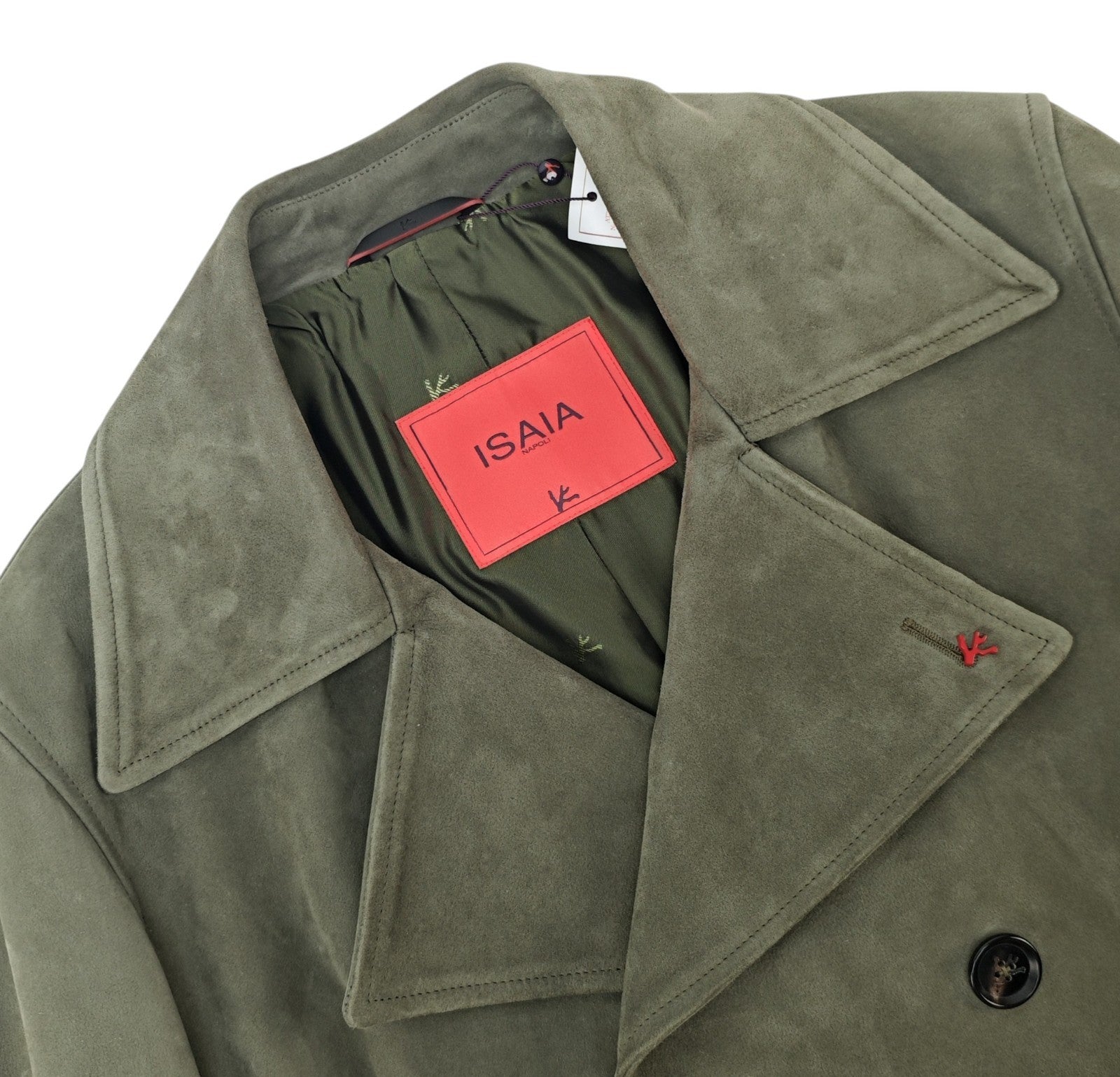 $6750 ISAIA Slate Green Double Breasted Pea Coat Lambskin Suede 38 US / 48 EU