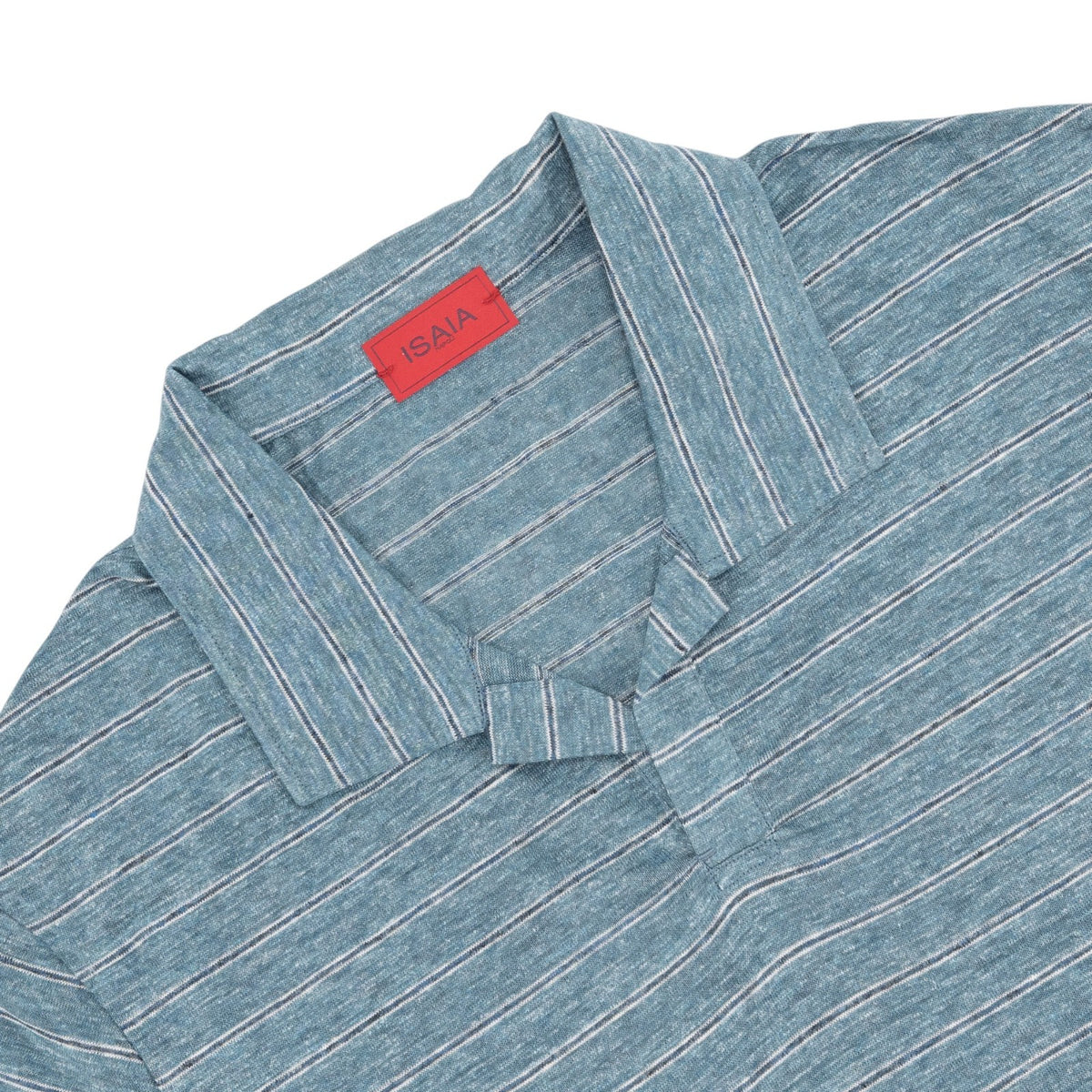 850$ ISAIA NAPOLI Teal Blue Striped Polo 100% Linen Jersey Size 2XL
