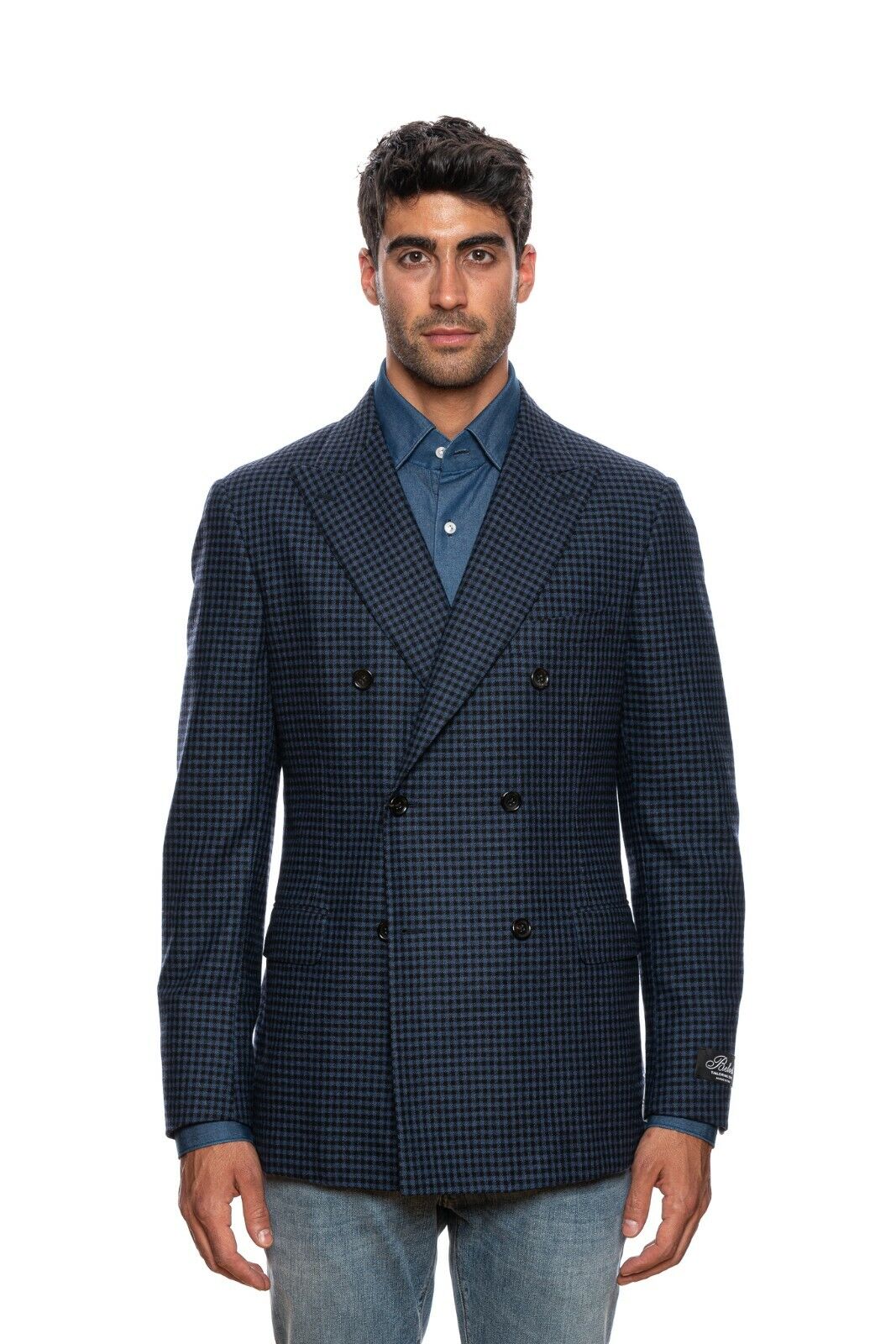 $2450 BELVEST Blue Wool Cashmere Check Jacket Double Breasted 40 US / 50 EU  7R