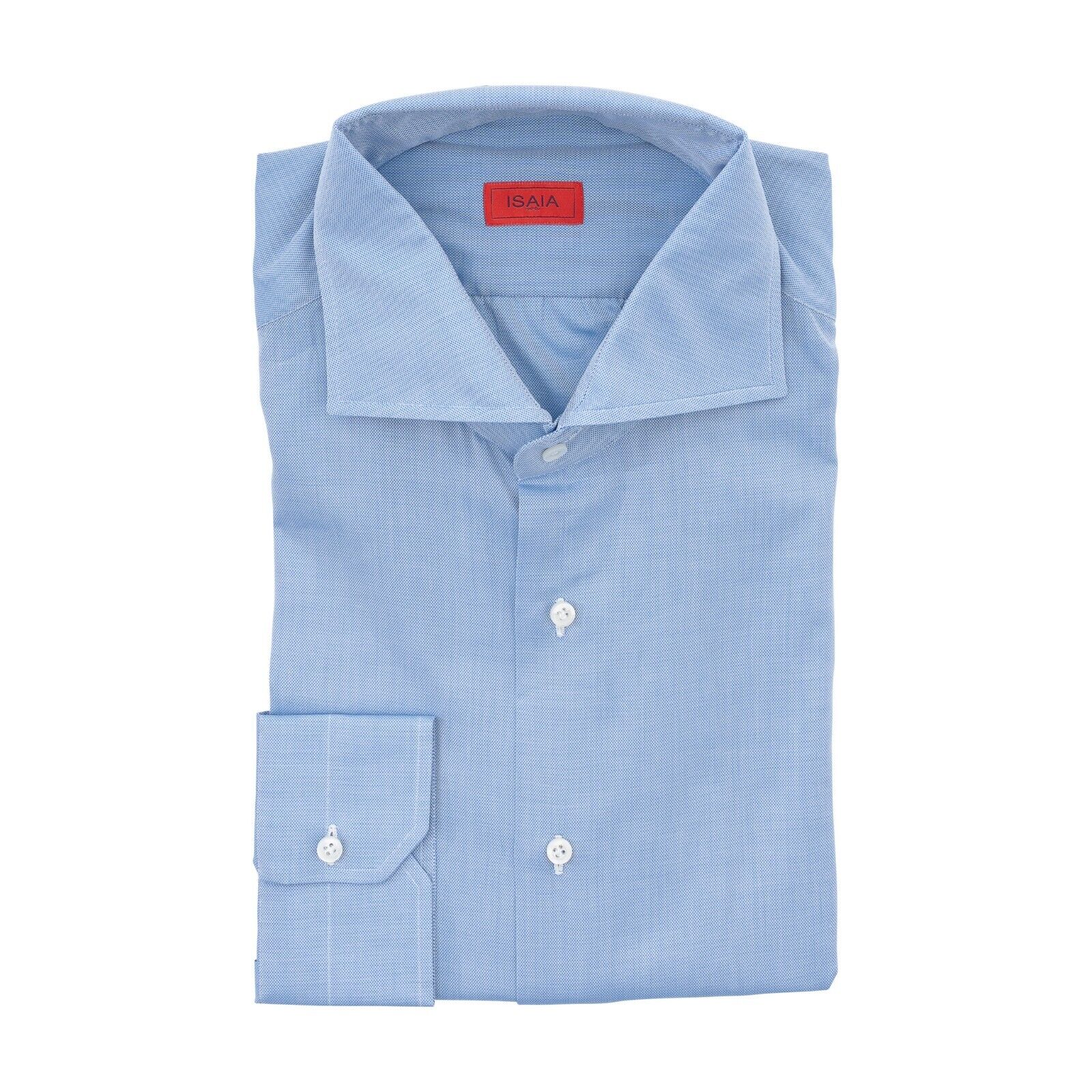 690$ ISAIA NAPOLI Blue Solid Hand-Sewn Sartorial Dress Shirt Popeline Cotton