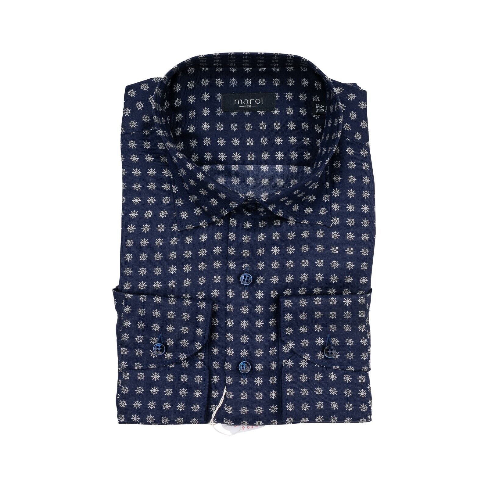 1400$ MAROL BOLOGNA Shirt Blue  "Rudder" 100% COMO SILK Satin  15.75 - 40