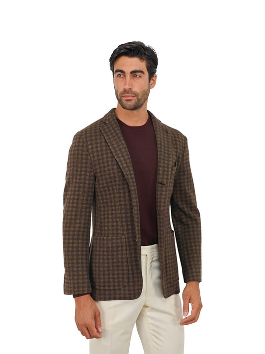 $1750 RUBINACCI NAPOLI Green /  Brown Checks Unlined Jacket Wool / Cashmere