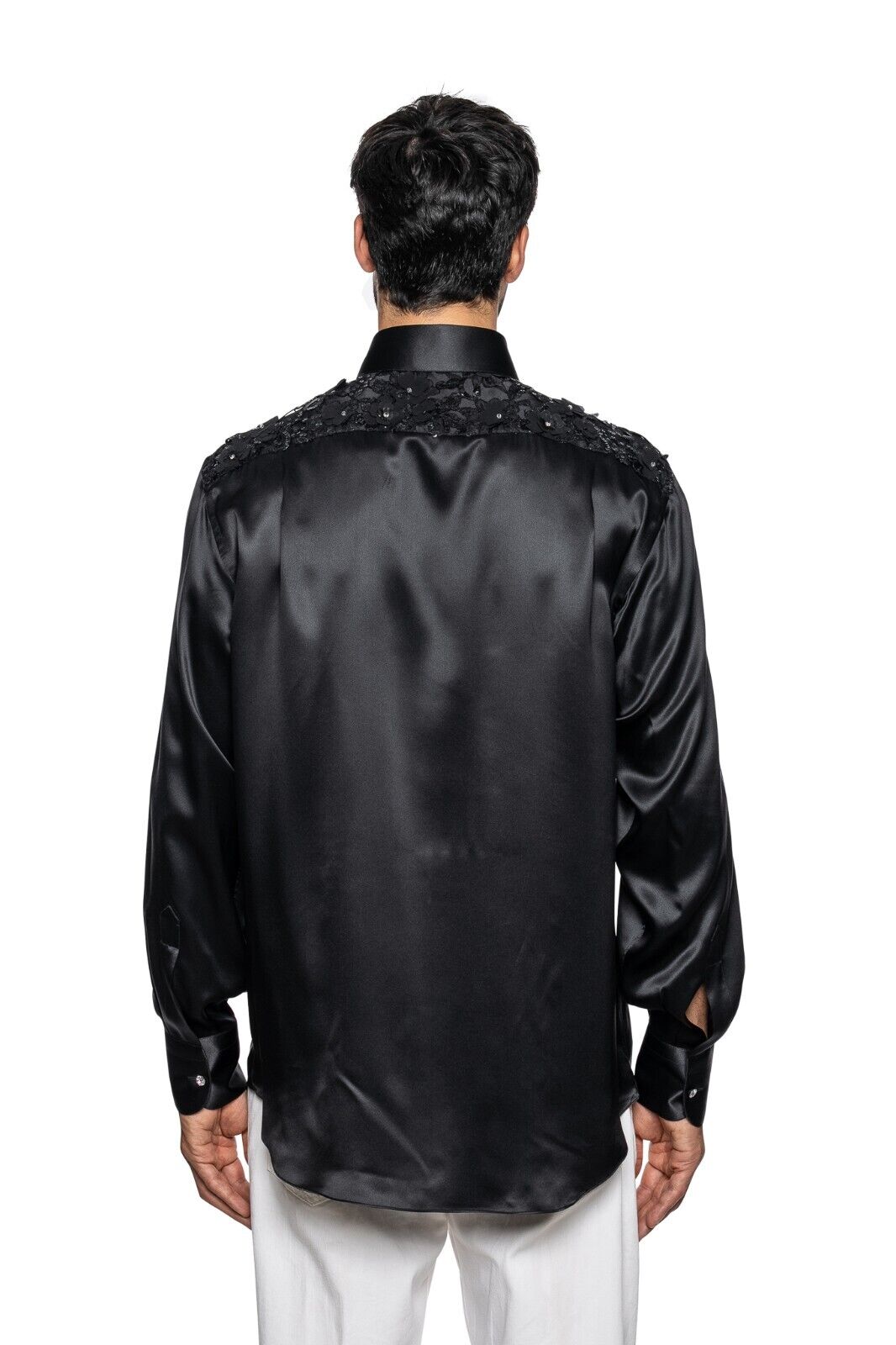 1600$ ITALO FERRETTI " FLOWER EMBROIDERED " Shirt Black 100% Silk 16 - 41 BIJAN