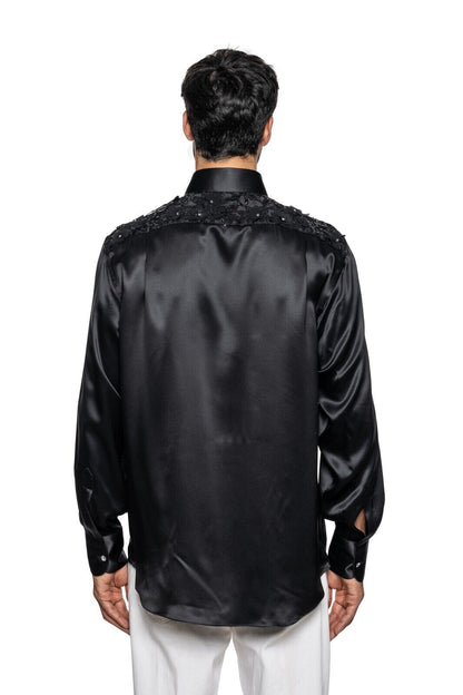 1600$ ITALO FERRETTI " FLOWER EMBROIDERED " Shirt Black 100% Silk 16 - 41 BIJAN