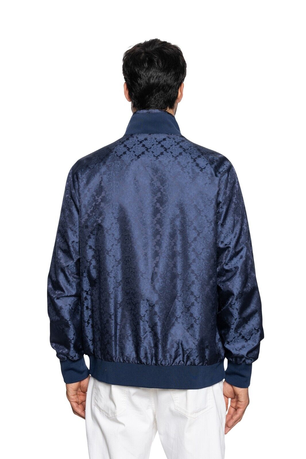 2000$ ITALO FERRETTI Bomber Jacket Blue "DAMASK" 100% Silk 42 US / 52 EU BIJAN