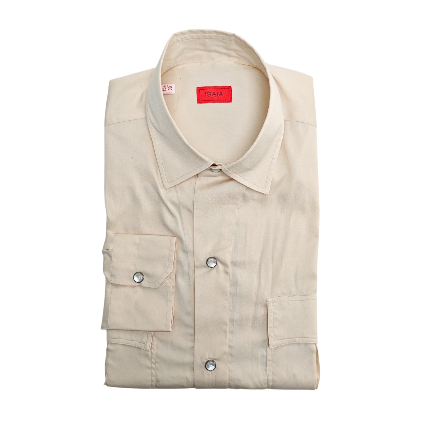 850$ ISAIA "Western" Cream Casual Shirt Pockets White Cotton - Silk  15.5 - 39