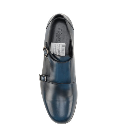 1250$ TESTONI Double Monk Shoes Grain Brushed Calf Blue Navy 8 UK / 9 US / 42 IT