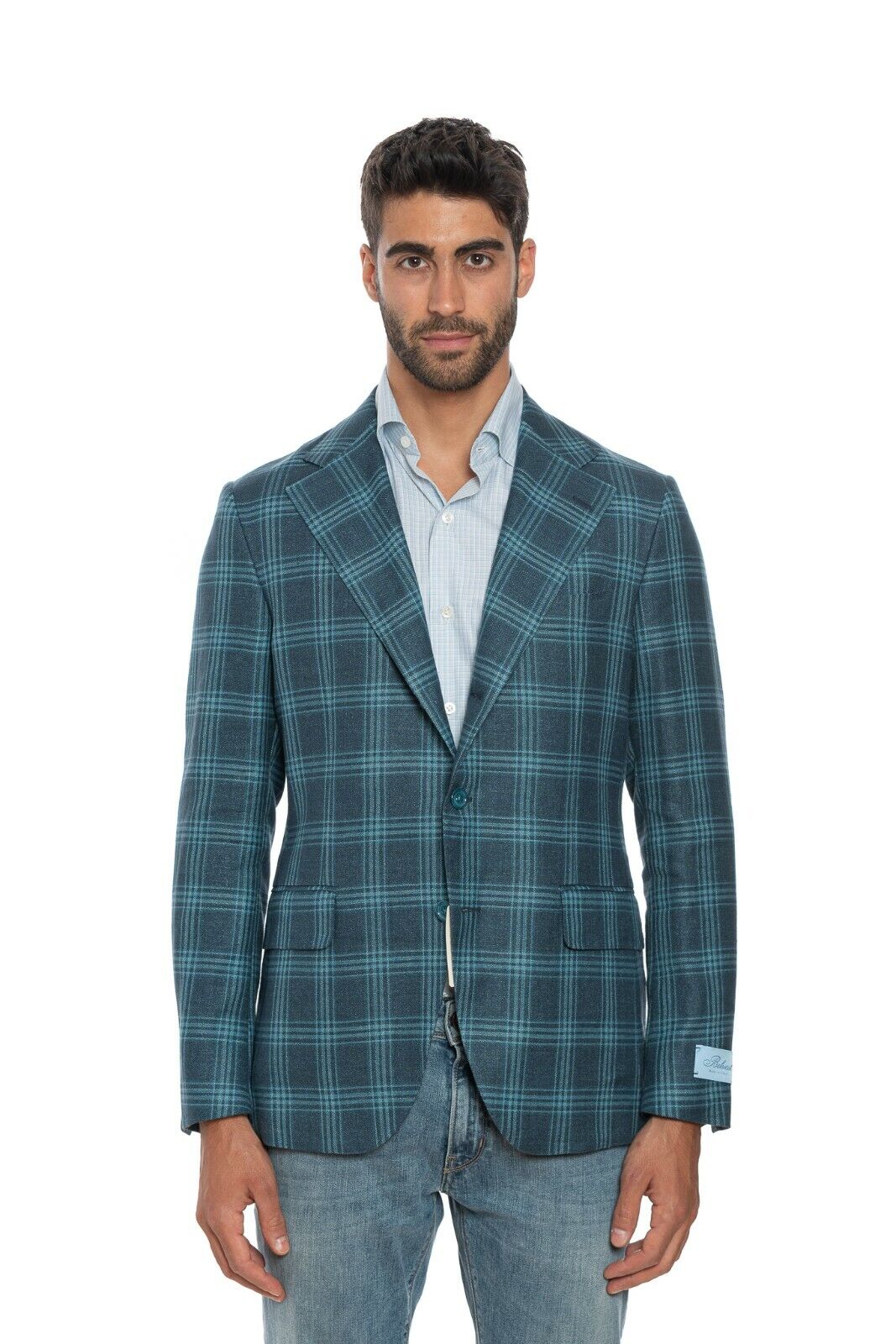2180$ BELVEST Blue / Aquamarine Jacket Hemp + Wool Checks Super Slim Fit 