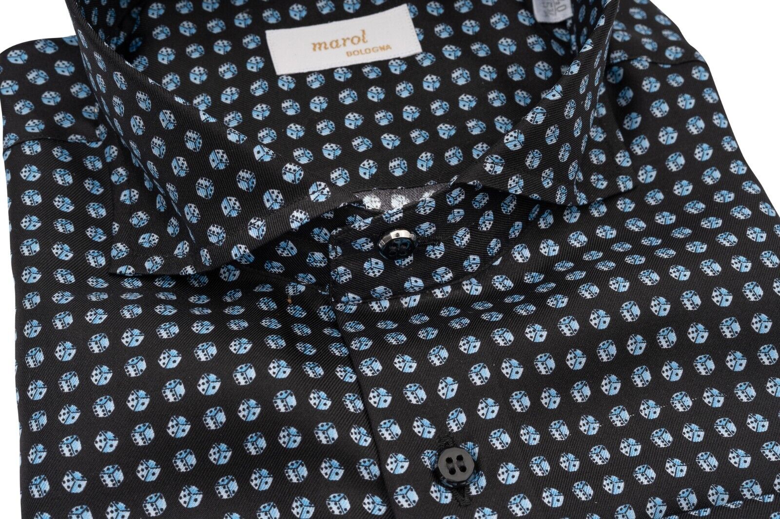 1400$ MAROL BOLOGNA Shirt Black "Gaming Dice" 100% COMO SILK Satin  15.75 - 40