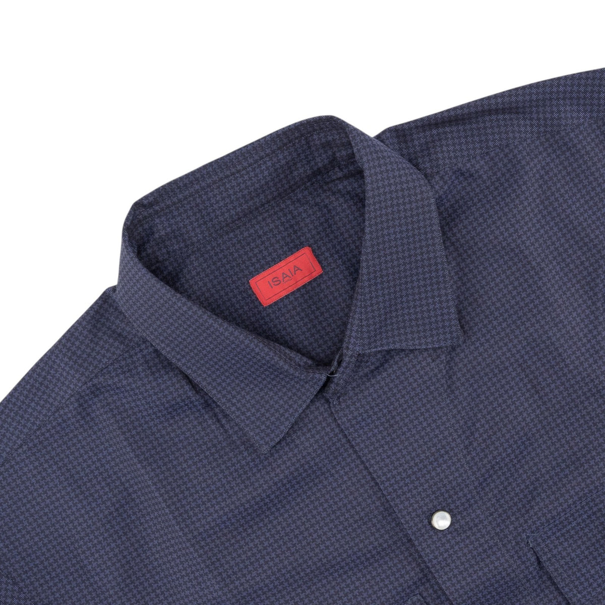 850$ ISAIA "Western" Casual Shirt Pockets Blue Hounstooth Fine Cotton 16.5 - 42