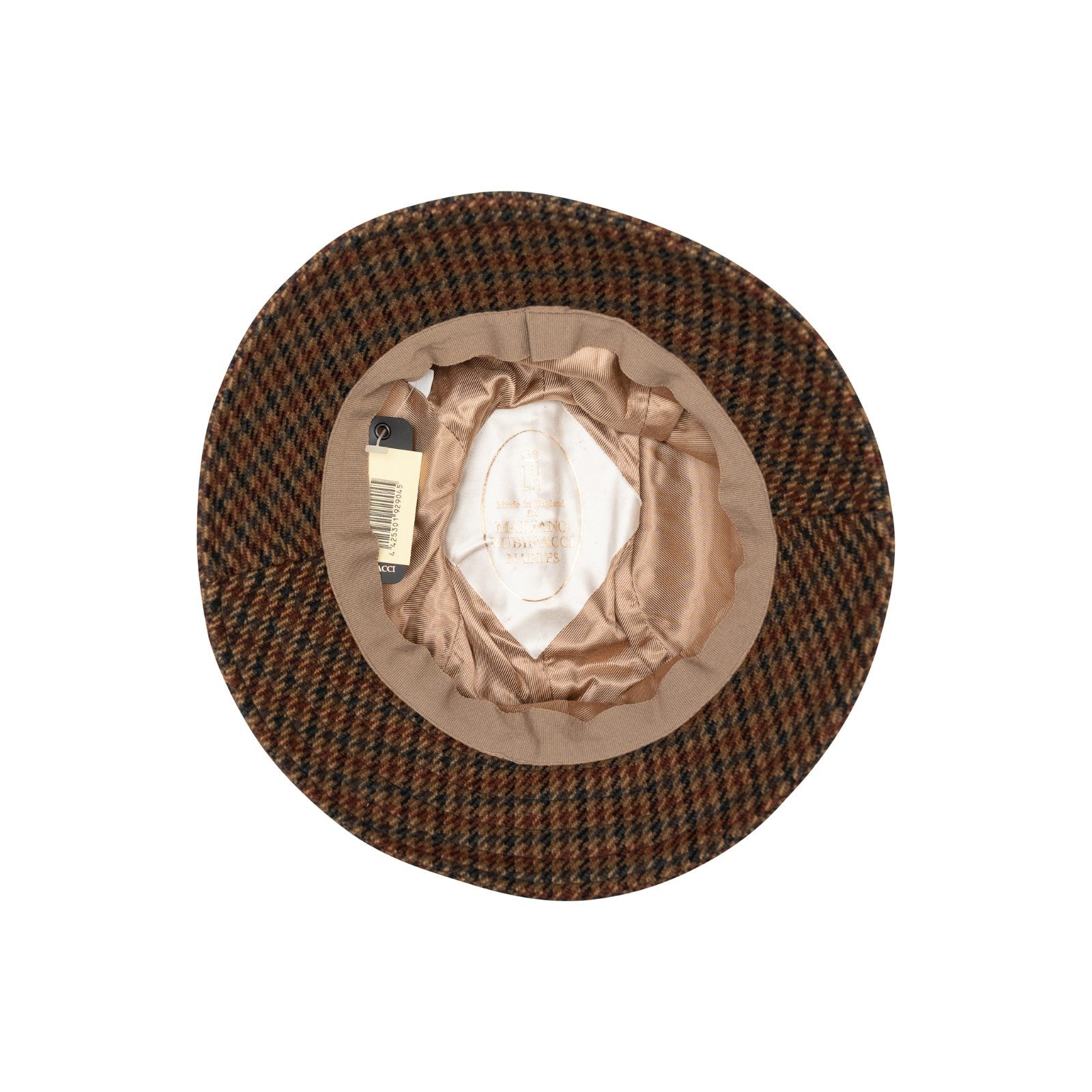 250$ RUBINACCI Made in England Brown / Blue Wool Tweed Houndstooth Bucket Hat