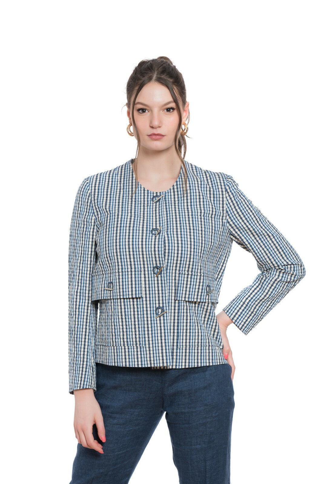 1650$ BELVEST Cotton Checks Seersuker Woman Blazer Jacket 42 IT / 6 US / 38 FR