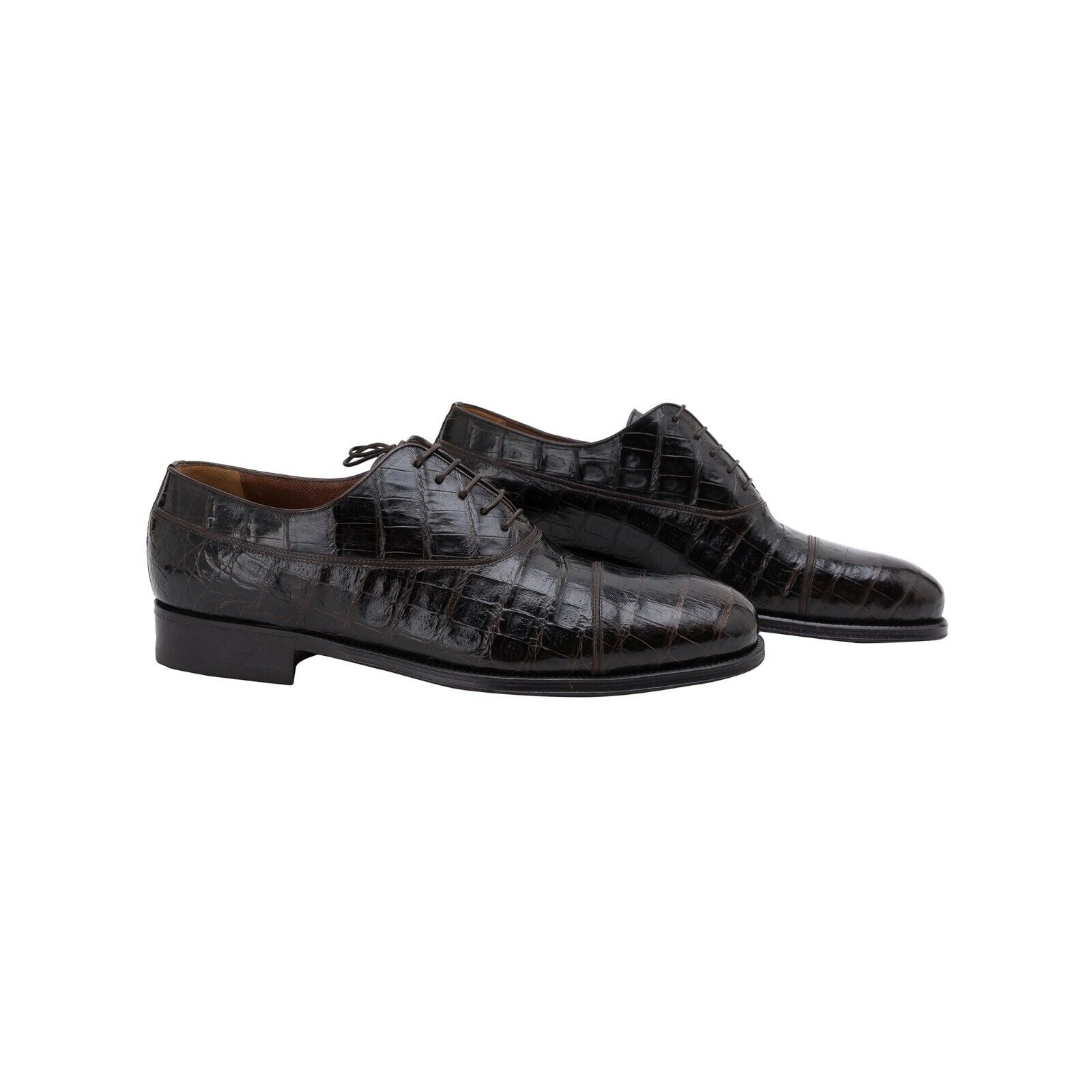 $3200 Testoni Bologna Dark Brown Goodyear Oxford Shoes Genuine Crocodile 